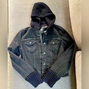 INC International Concepts Black Denim Jacket with Knit Hood and Cuffs S…